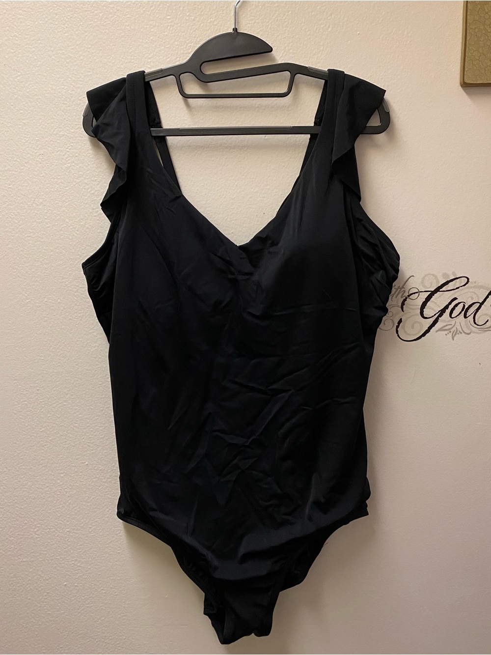3/$30 NWOT Time and Tru Black One-Piece Swimsuit with V-Neck and Ruffle Straps